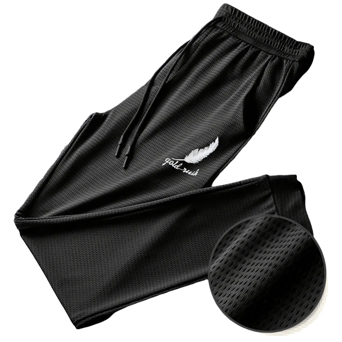 Men quick dry athletic jogger pants in black mesh featuring white feather and gold rush embroidery on the thigh