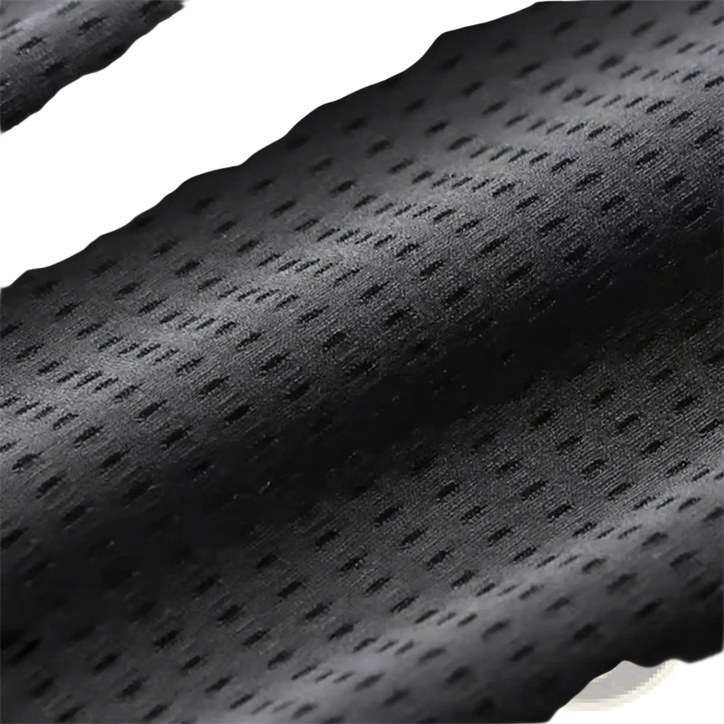 Black perforated mesh fabric on men quick dry athletic jogger pants showcasing a breathable textured weave