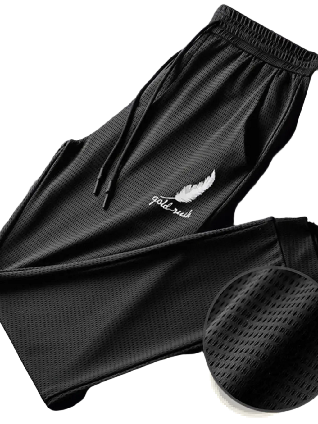 Men quick dry black mesh athletic jogger pants with white feather and gold rush embroidery on the thigh