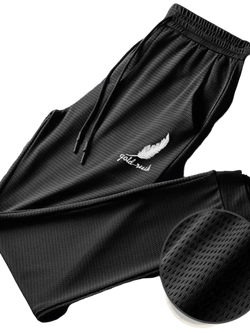Men quick dry black mesh athletic jogger pants with white feather and gold rush embroidery on the thigh