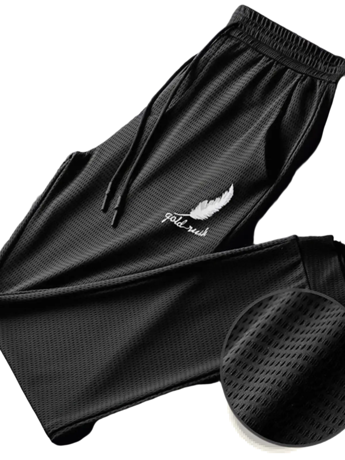 Men quick dry black mesh athletic jogger pants with white feather and gold rush embroidery on the thigh
