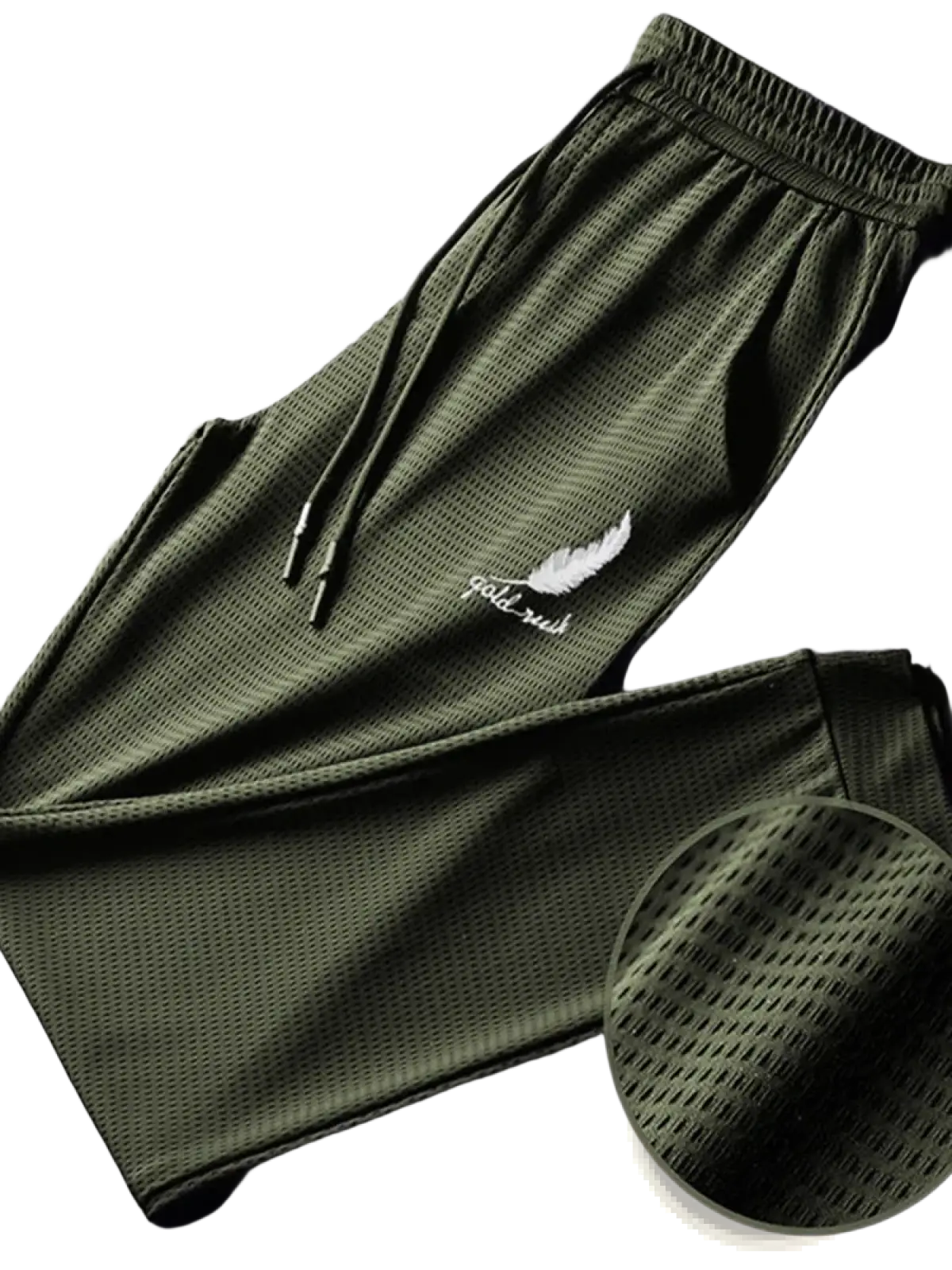 Men quick dry athletic jogger pants in olive green mesh with a white feather and script logo on the thigh