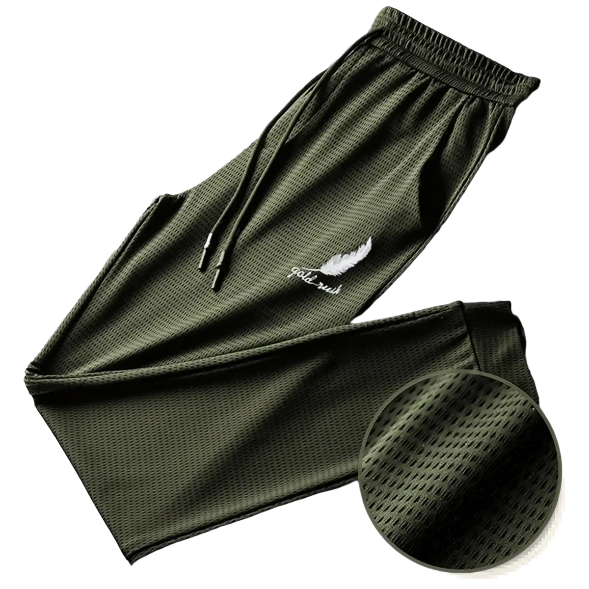 Men quick dry olive green mesh athletic jogger pants with white feather and gold rush embroidery on the thigh