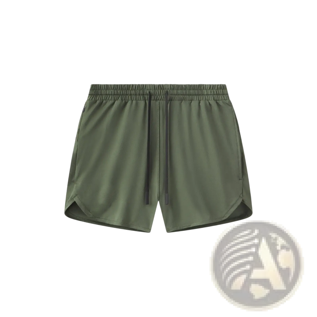 Olive green men quick dry athletic sports shorts with drawstring waistband and subtle side slits for active use