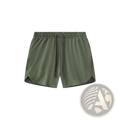 Olive green men quick dry athletic sports shorts with drawstring waistband and subtle side slits for active use
