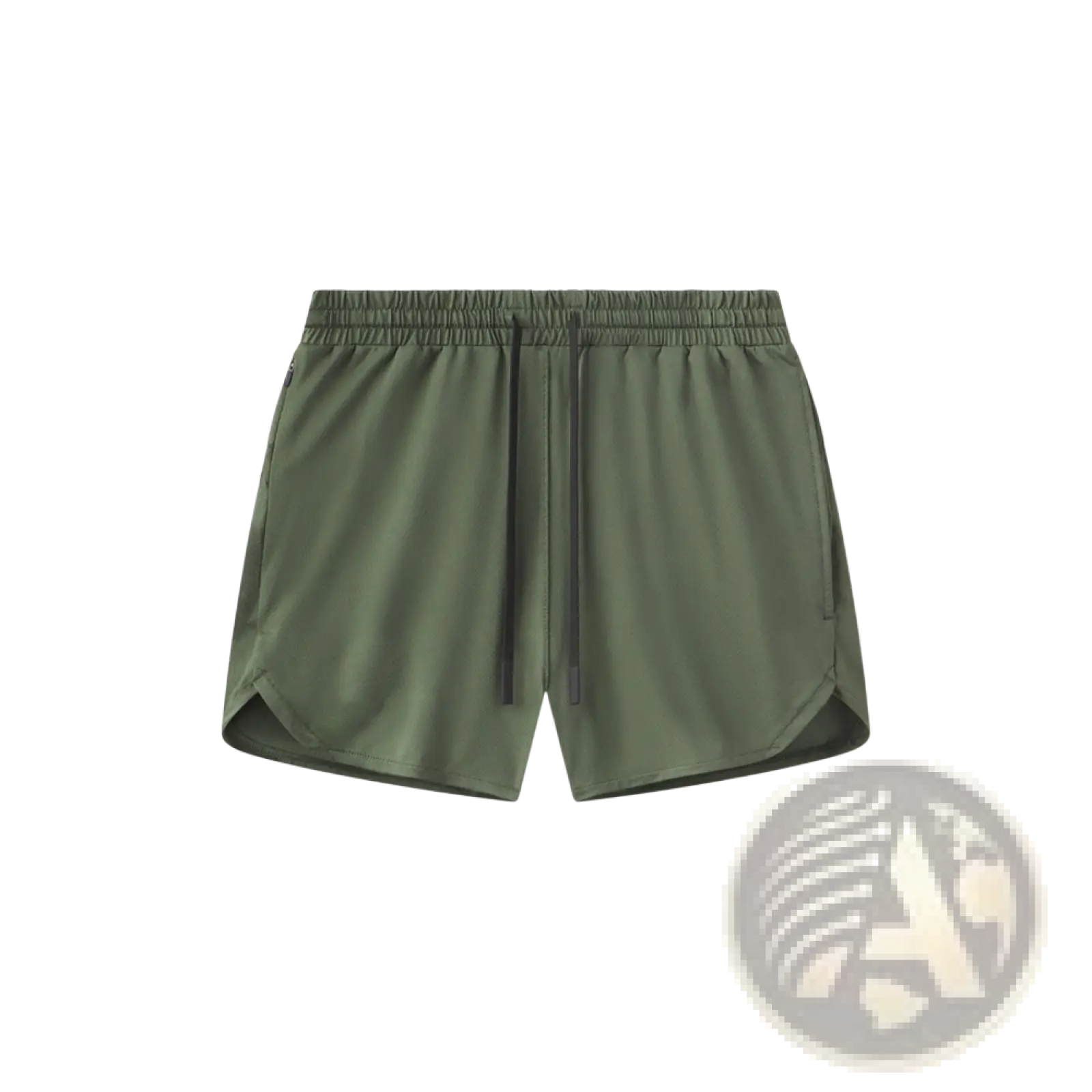 Olive green men quick dry athletic sports shorts with drawstring waistband and subtle side slits for active use
