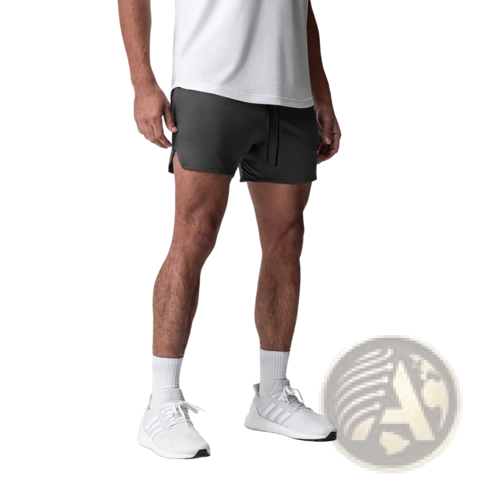 Dark gray men quick dry athletic sports shorts with drawstring waist and side slits for enhanced mobility