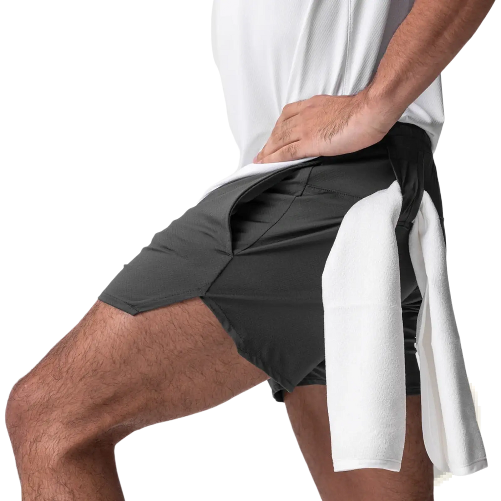 Men quick dry dark gray athletic sports shorts with white interior lining and side pockets for performance use