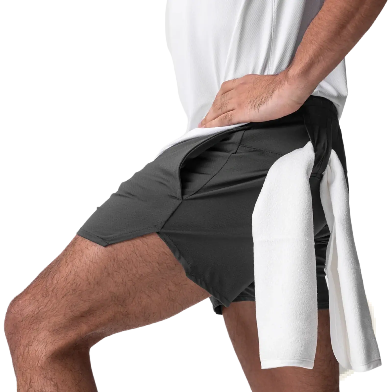 Men quick dry dark gray athletic sports shorts with white interior lining and side pockets for performance use