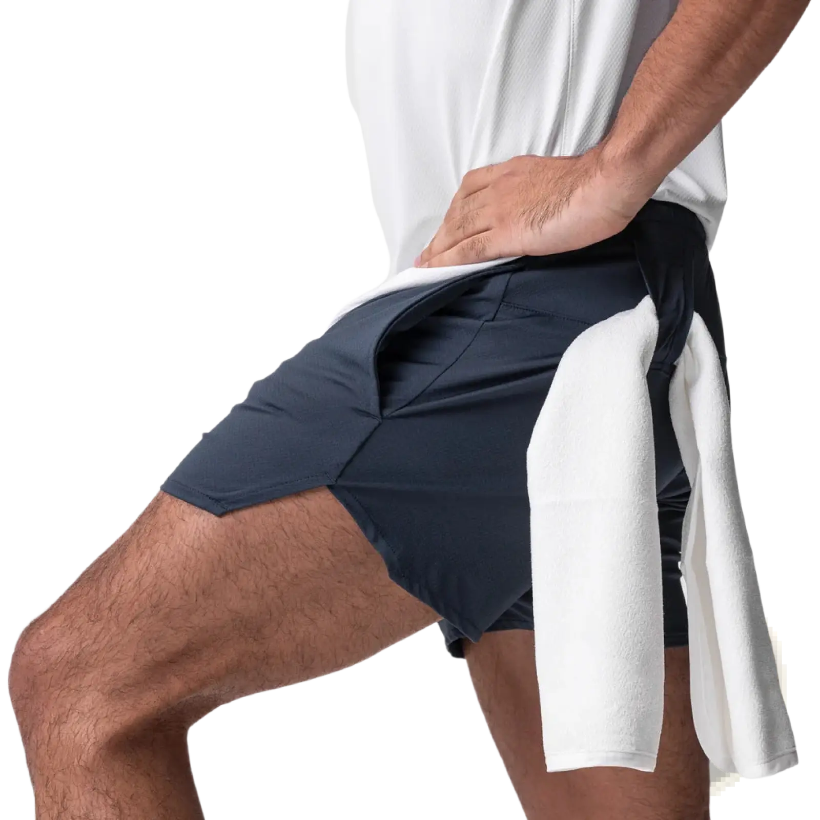 Men quick dry dark navy athletic sports shorts with a white towel draped over the side for active use