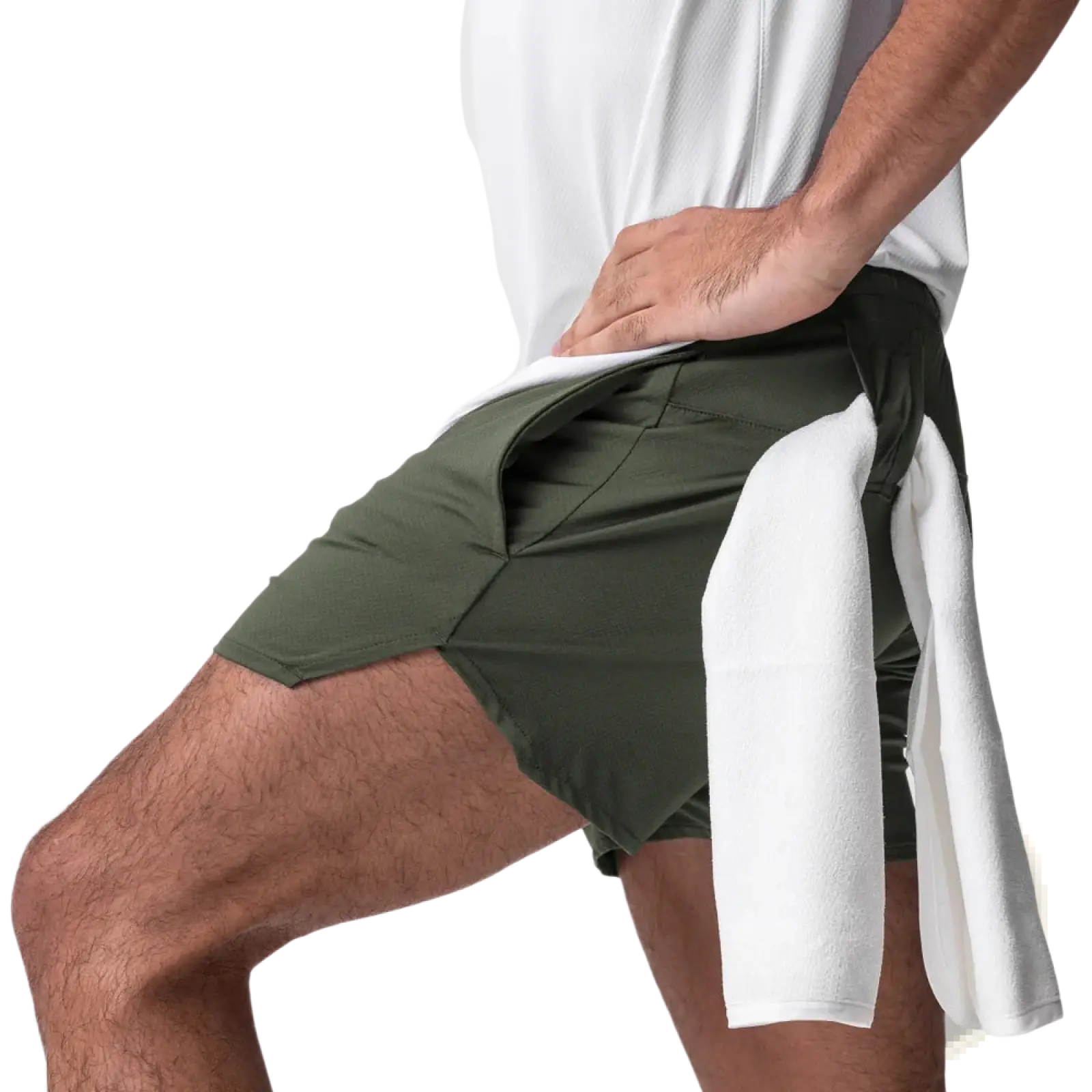 Olive green men quick dry athletic sports shorts with a white towel draped over the side displayed on a white background