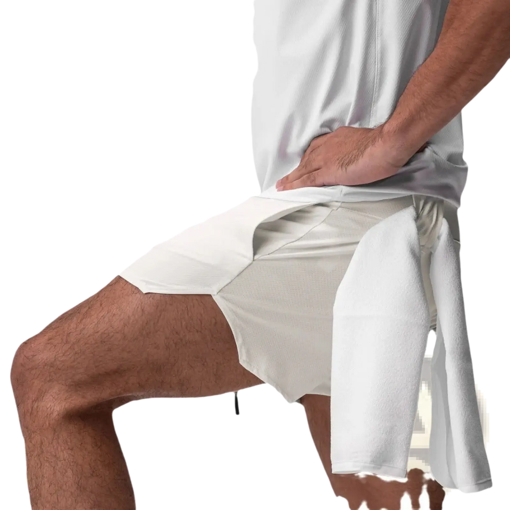 Men quick dry athletic sports shorts in white with sleek lightweight fabric and side pockets for enhanced comfort
