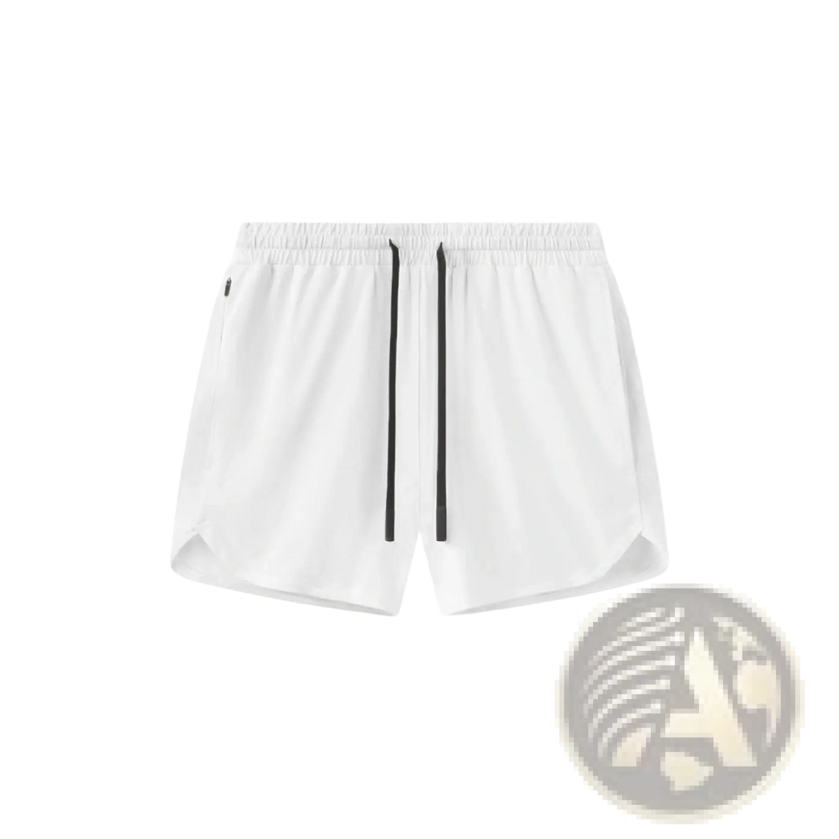 Men quick dry athletic sports shorts in white with black drawstrings and a subtle elastic waistband for comfort
