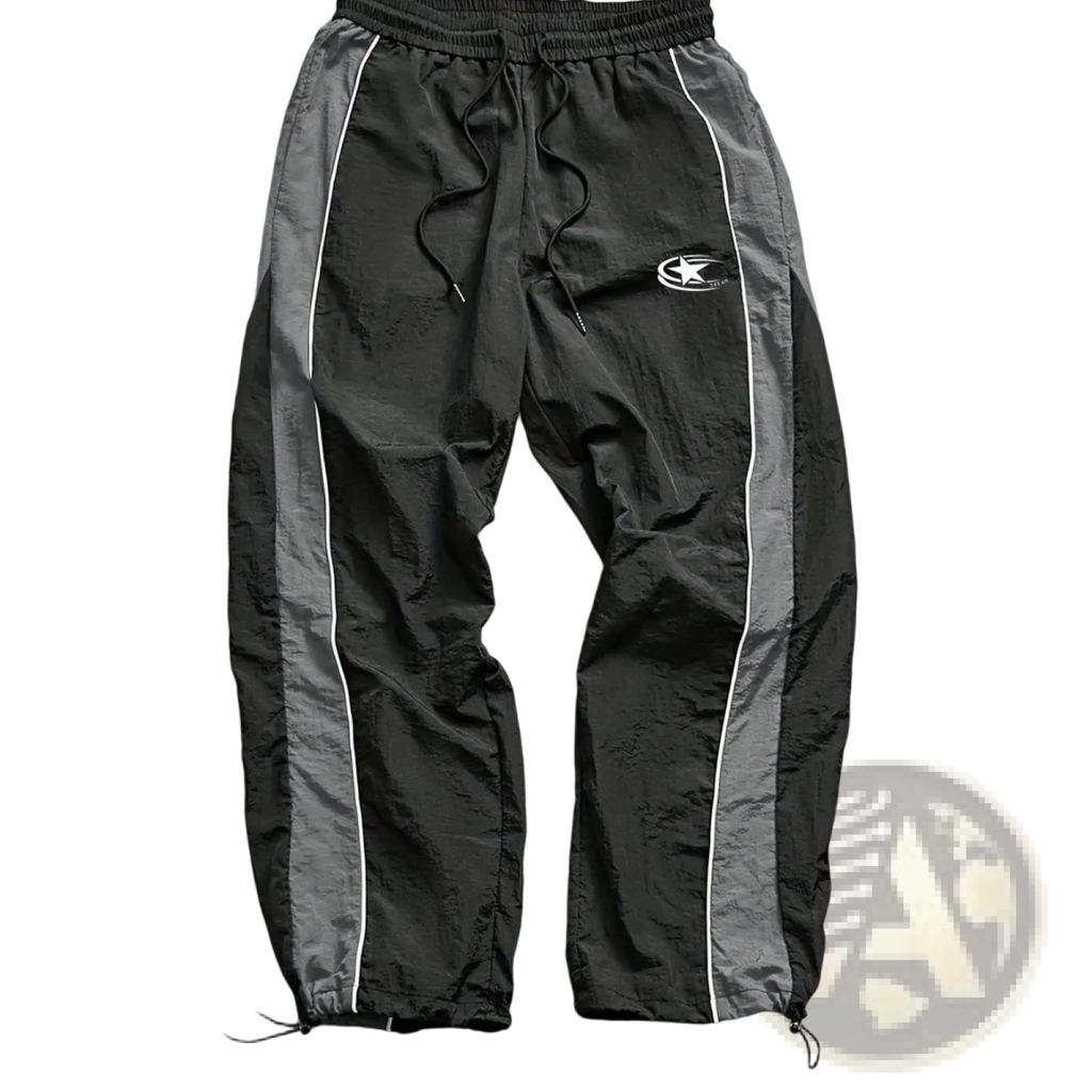 Men quick dry athletic track pants in black and gray with white piping drawstring waistband and ankle cuffs