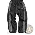 Men quick dry athletic track pants in black and gray with white piping drawstring waistband and ankle cuffs