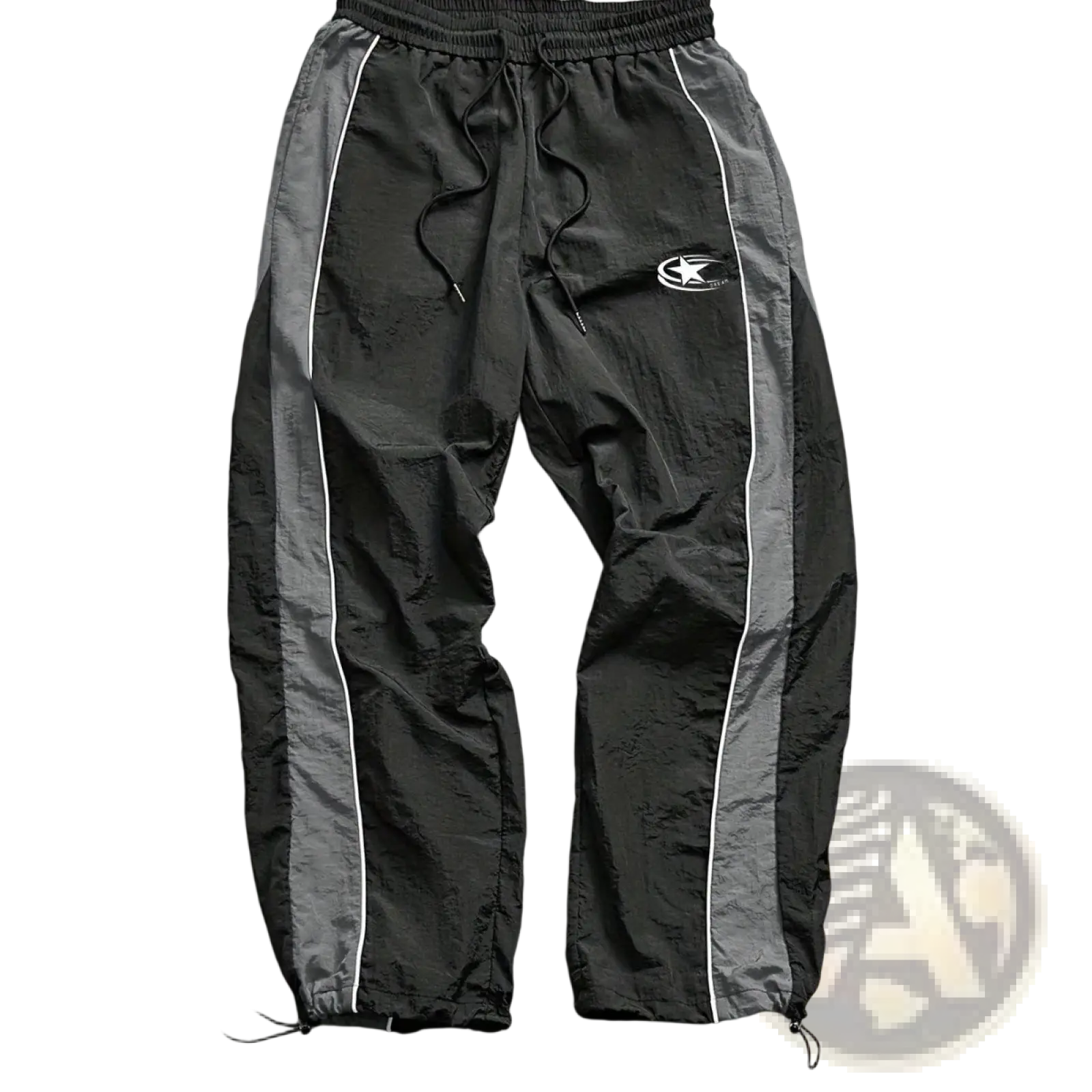 Men quick dry athletic track pants in black and gray with white piping drawstring waistband and ankle cuffs