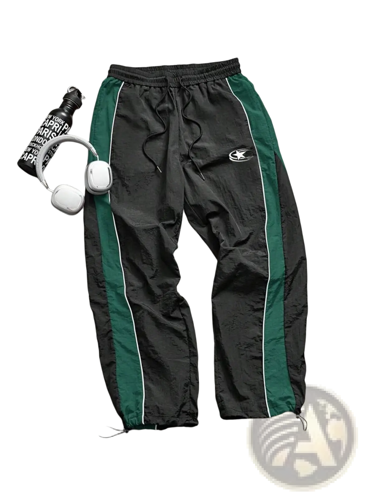 Men quick dry athletic track pants in black and green with white side piping drawstring waistband and elastic cuffs