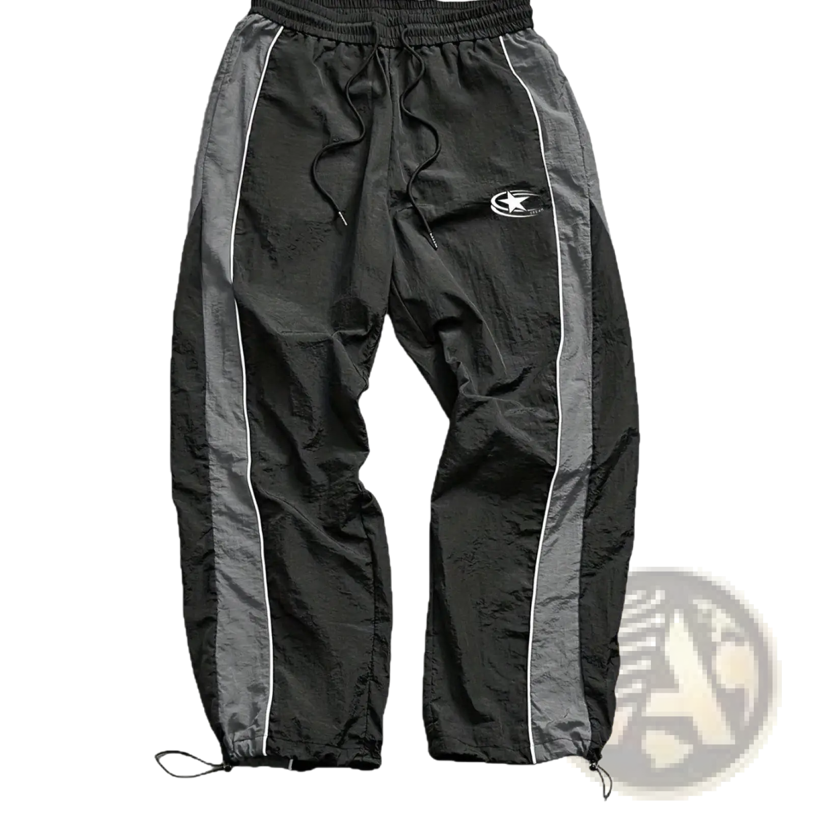 Men quick dry athletic track pants in black and gray with white piping, drawstring waistband, and adjustable cuffs