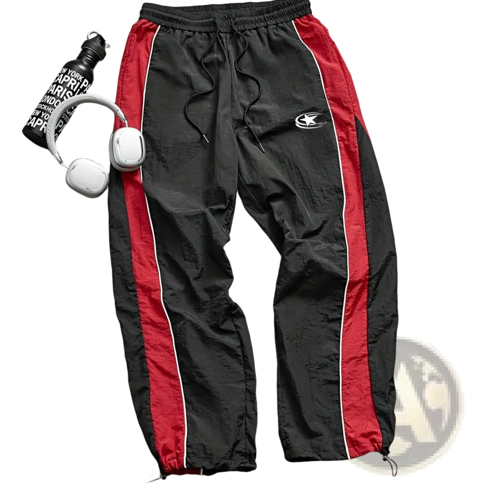 Men quick dry athletic track pants in black and red with white piping, drawstring waistband, and elastic cuffs