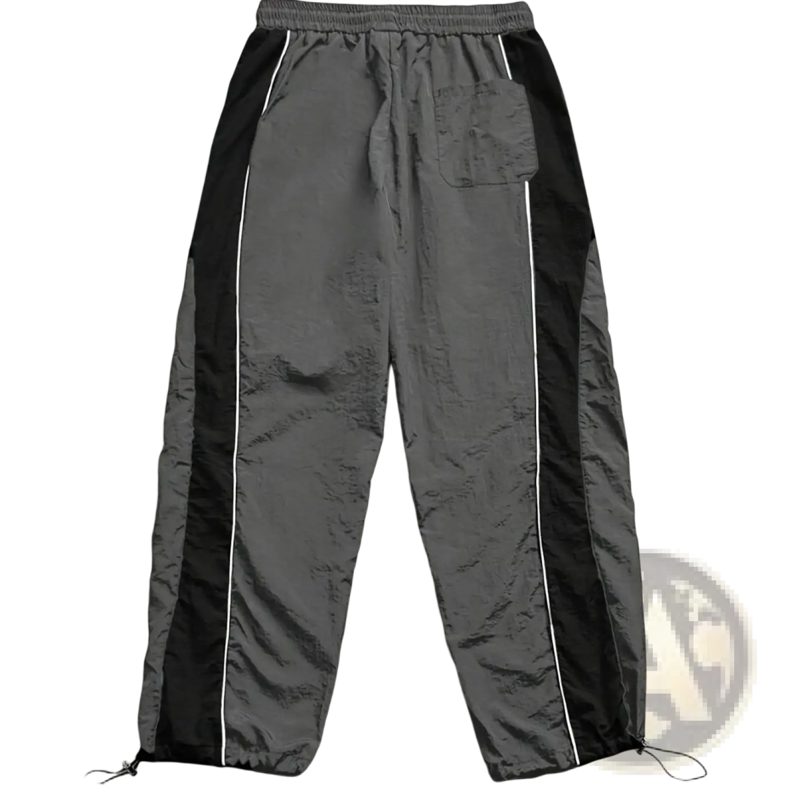 Men quick dry athletic track pants in gray with black side panels white piping drawstring waistband and adjustable cuffs