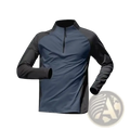 Men quick dry half zip long sleeve active top in navy blue with black sleeves and collar designed for athletic use