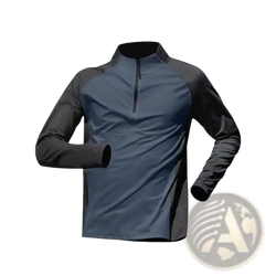 Men quick dry half zip long sleeve active top in navy blue with black sleeves and collar designed for athletic use