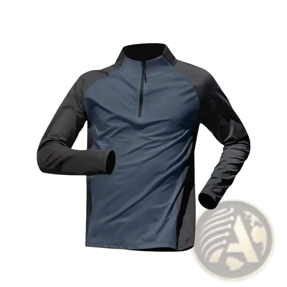 Men quick dry half zip long sleeve active top in navy blue with black sleeves and collar designed for athletic use