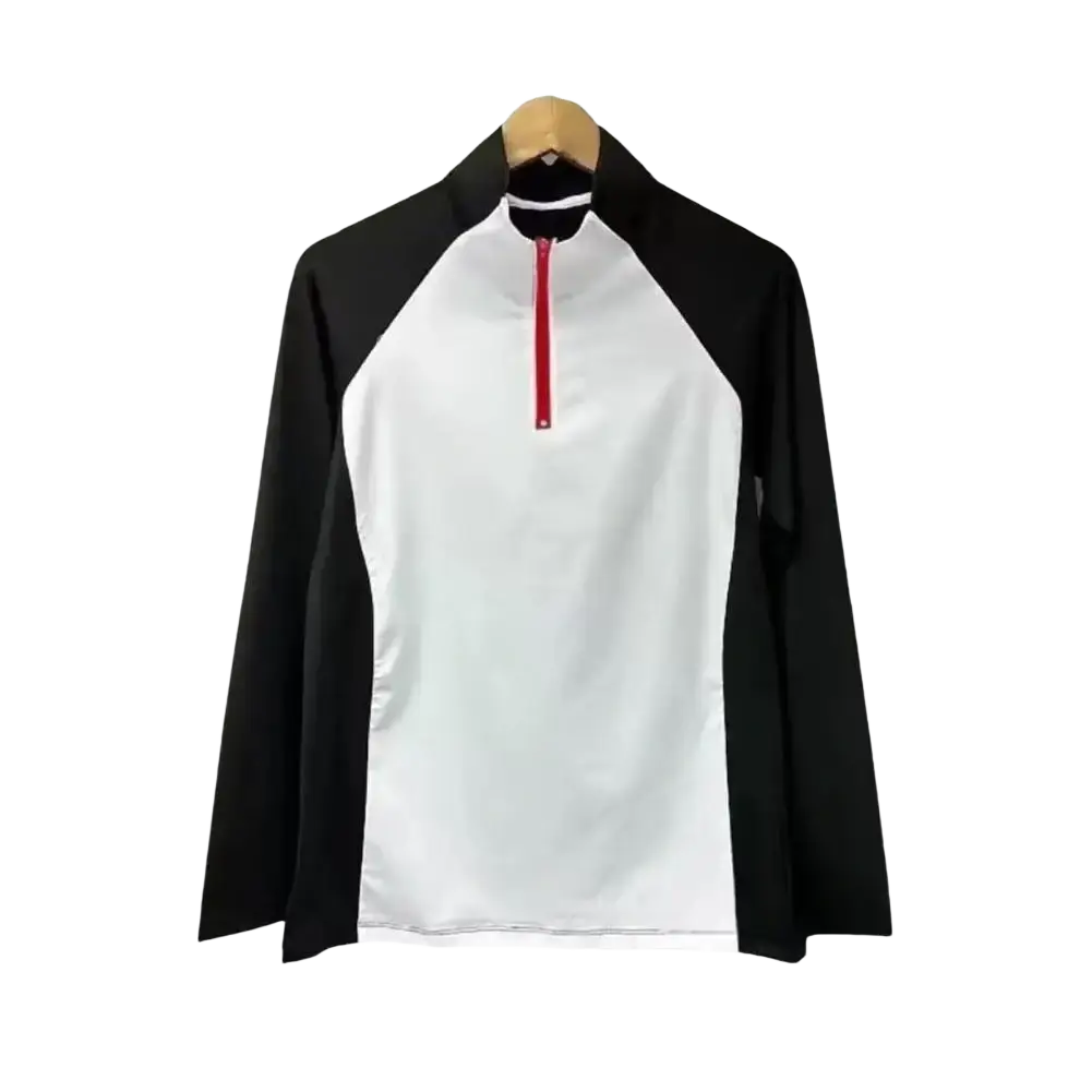 Men quick dry half-zip long sleeve active top in black and white with red zipper for athletic performance