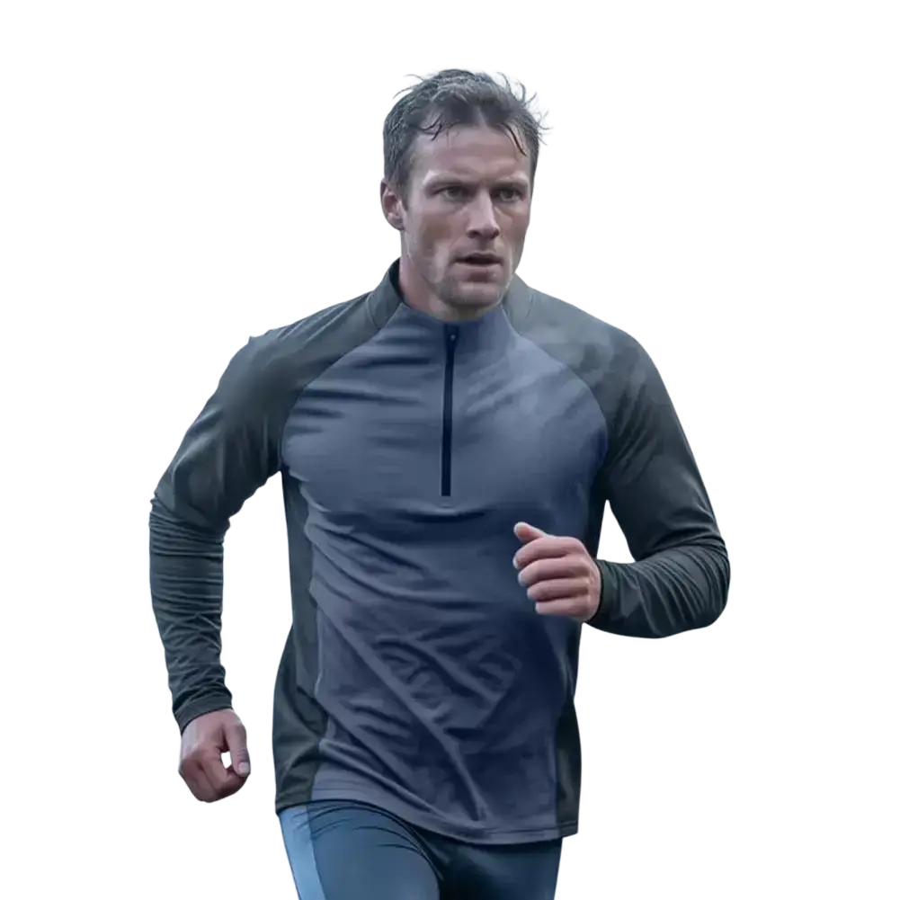 Men quick dry long sleeve active top in dark gray and charcoal with half zip neckline for athletic use