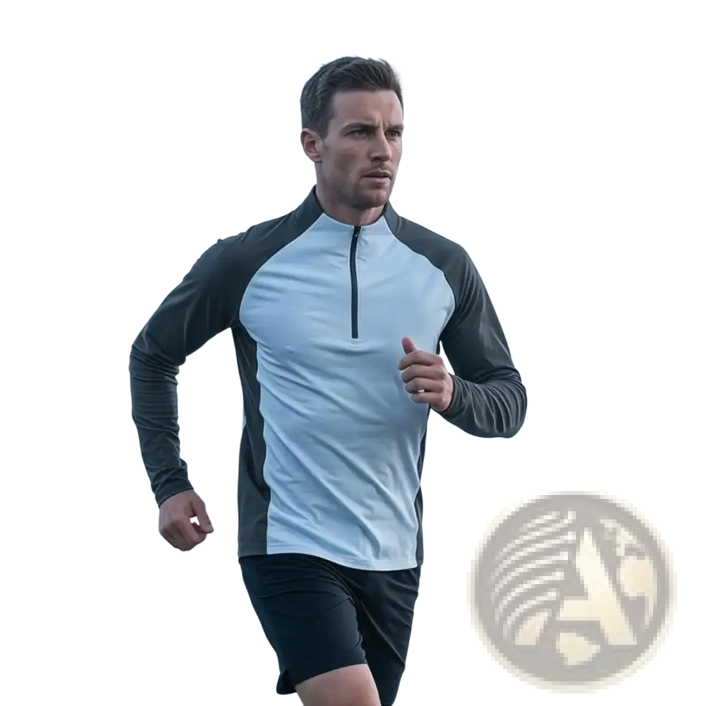 A man wearing a light blue and black men quick dry half-zip long sleeve active top for athletic use