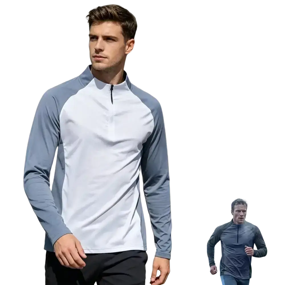 Men quick dry long sleeve active top with white body gray sleeves and quarter zip collar for athletic use