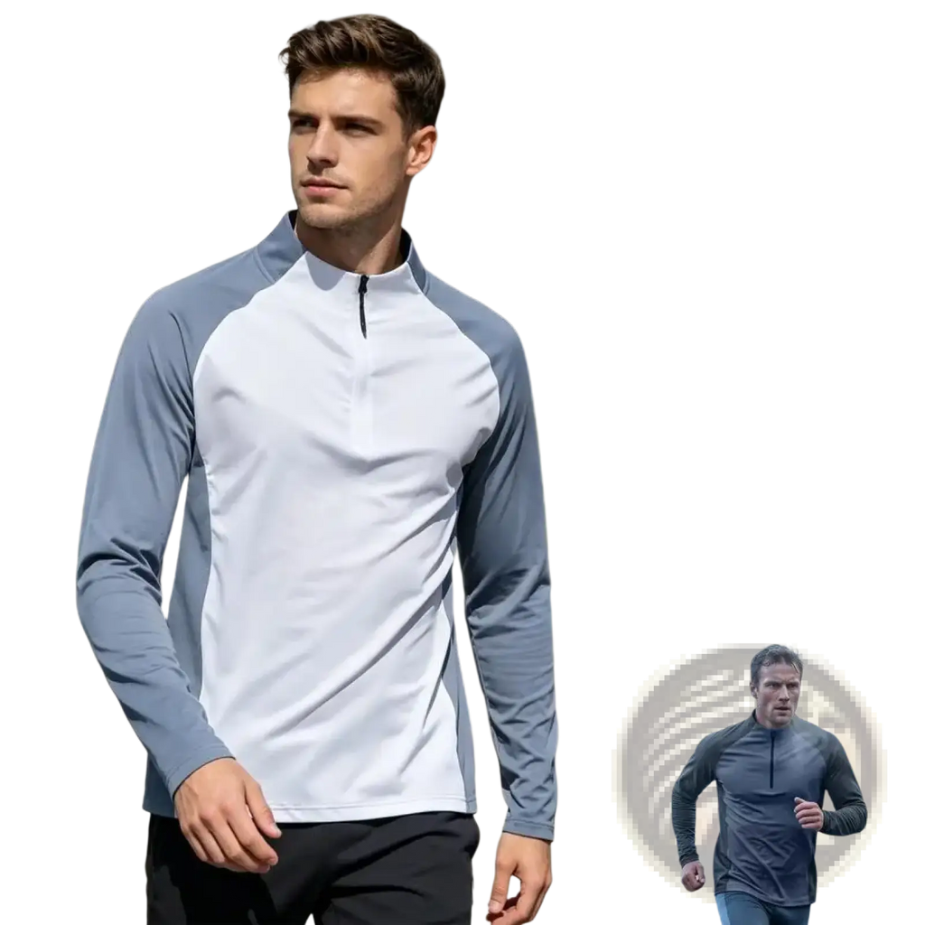 Men quick dry half zip long sleeve active top with white torso gray sleeves in performance fabric for athletic use