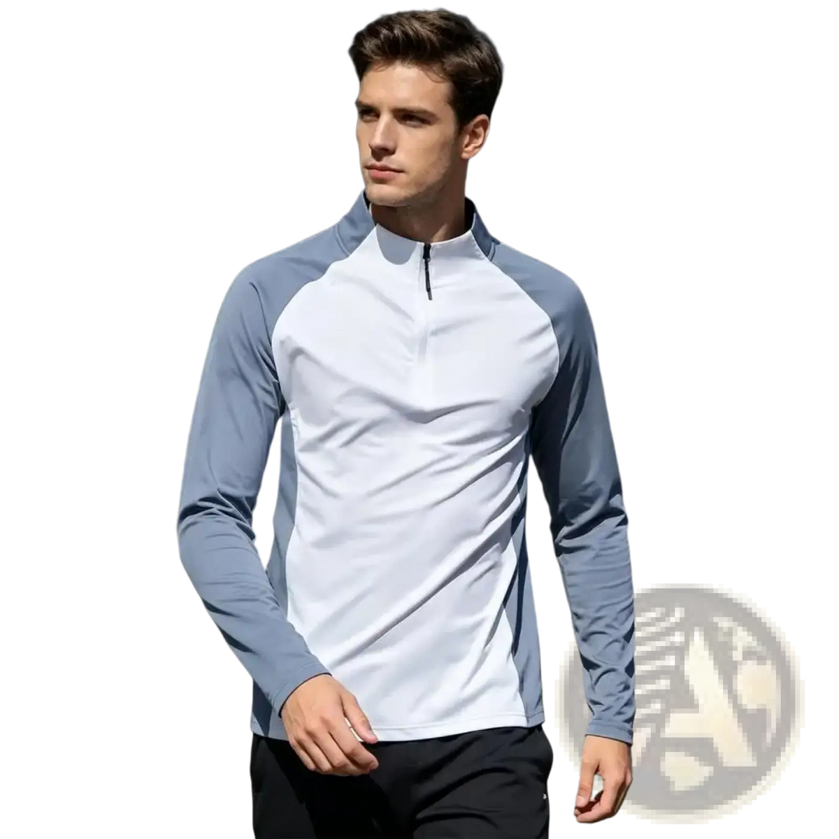 Men quick dry half-zip long sleeve active top with white body gray sleeves and quarter-zip collar for athletic use