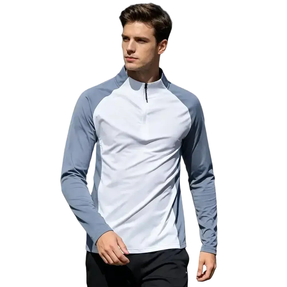 Men quick dry long sleeve active top with white body light blue sleeves and half-zip collar for athletic use
