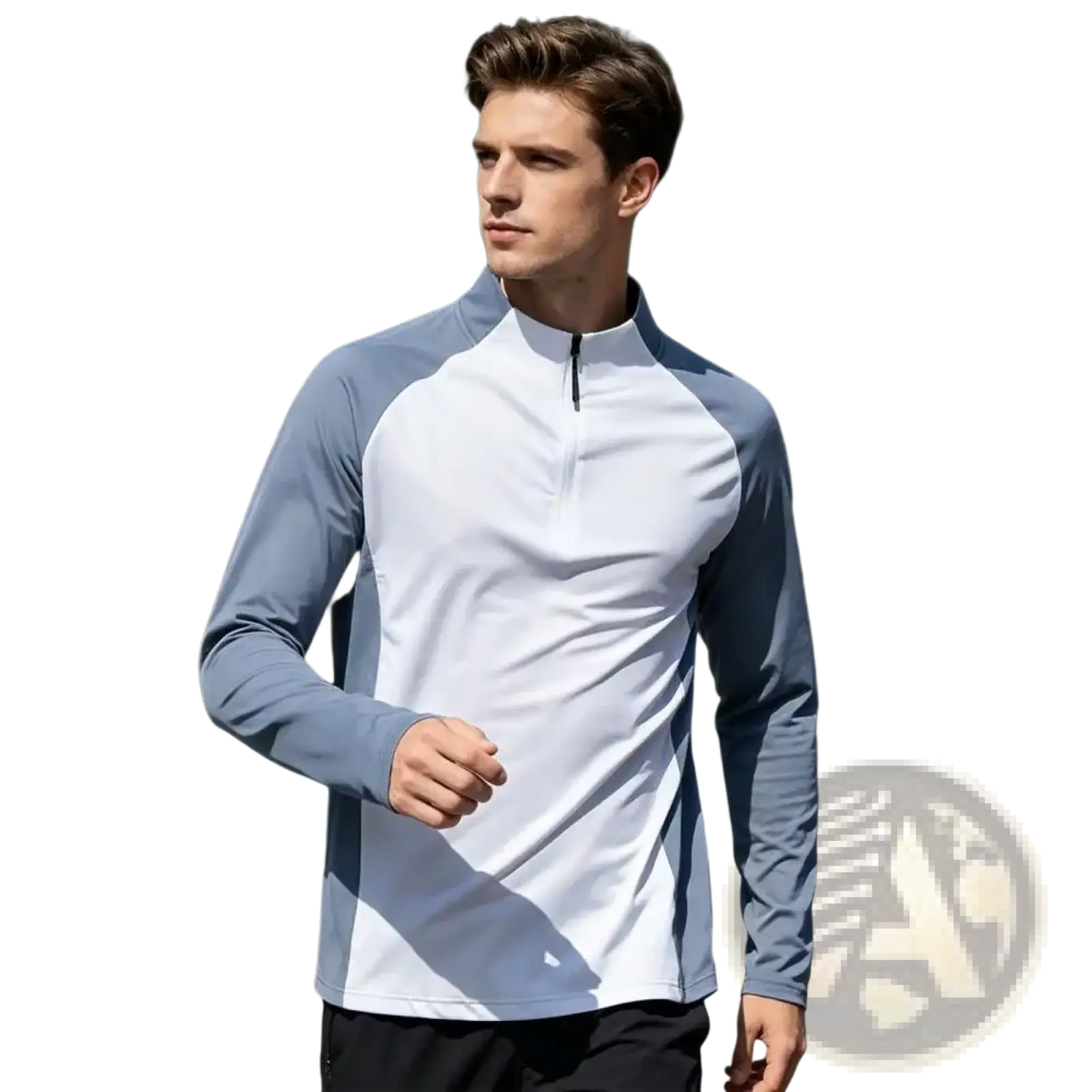 Men quick dry half zip long sleeve active top with white body gray sleeves and sleek athletic design