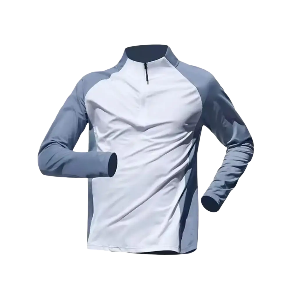 Men quick dry half-zip long sleeve active top with white torso, gray sleeves, and navy blue collar for athletic use