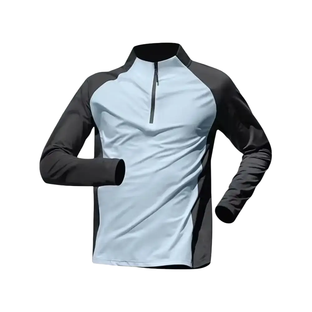 Men quick dry half-zip long sleeve active top with light gray body and black raglan sleeves in sleek athletic fabric