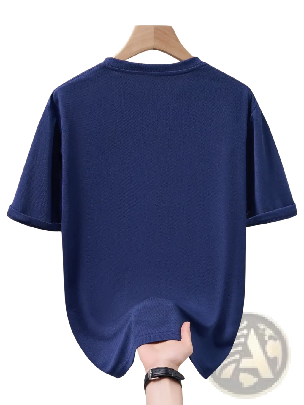 Navy blue men quick dry summer t-shirt with ribbed texture and crew neck hanging on a wooden hanger