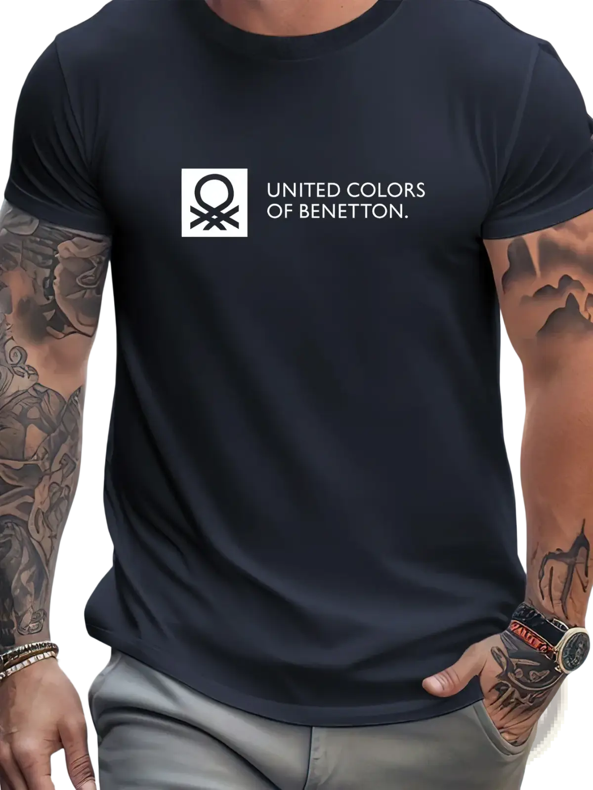 Men quick dry summer t-shirt by United Colors of Benetton in black with white logo and text on the front