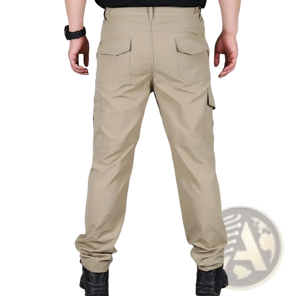 Beige men quick dry tactical cargo pants with multiple pockets and durable fabric design for outdoor use