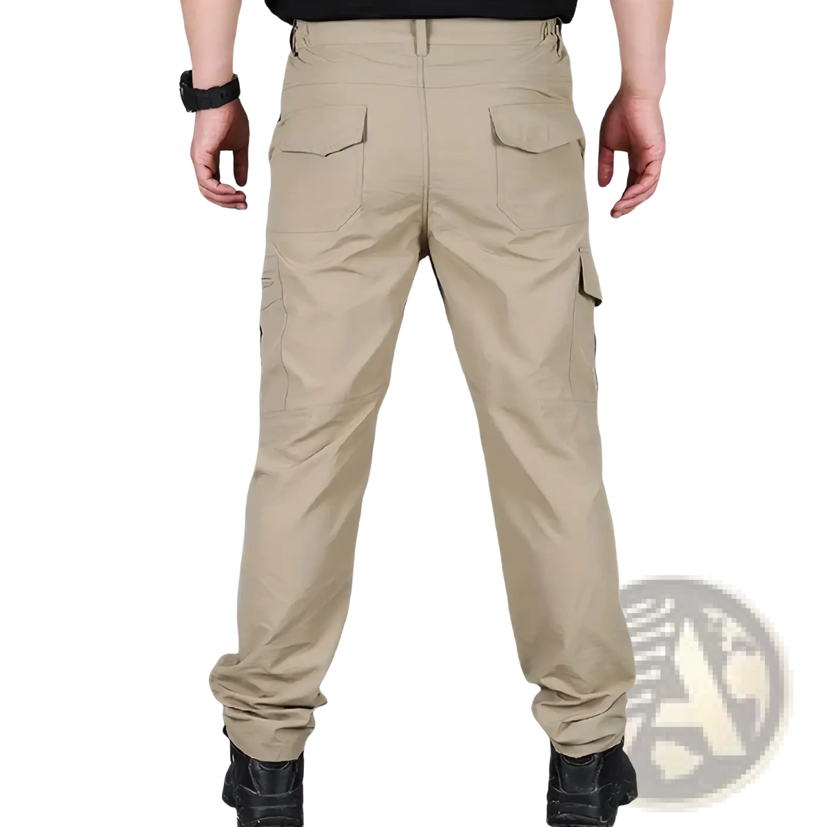 Beige men quick dry tactical cargo pants with multiple pockets and durable fabric design for outdoor use
