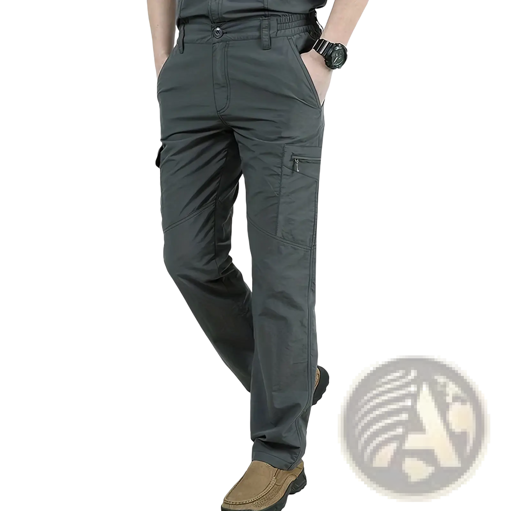 Men quick dry tactical cargo pants in dark gray durable fabric with multiple pockets and a relaxed fit