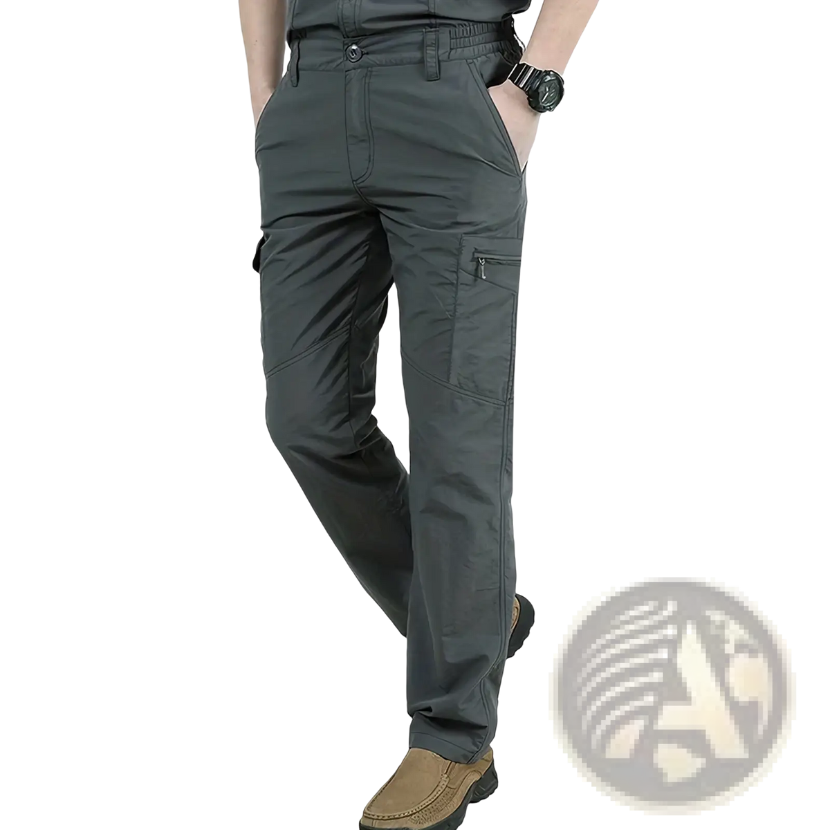 Men quick dry tactical cargo pants in dark gray durable fabric with multiple pockets and a relaxed fit