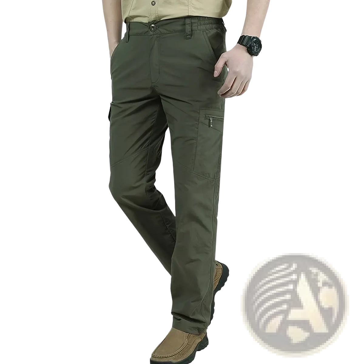 Men quick dry tactical cargo pants in olive green with multiple zippered pockets and a relaxed fit for durability