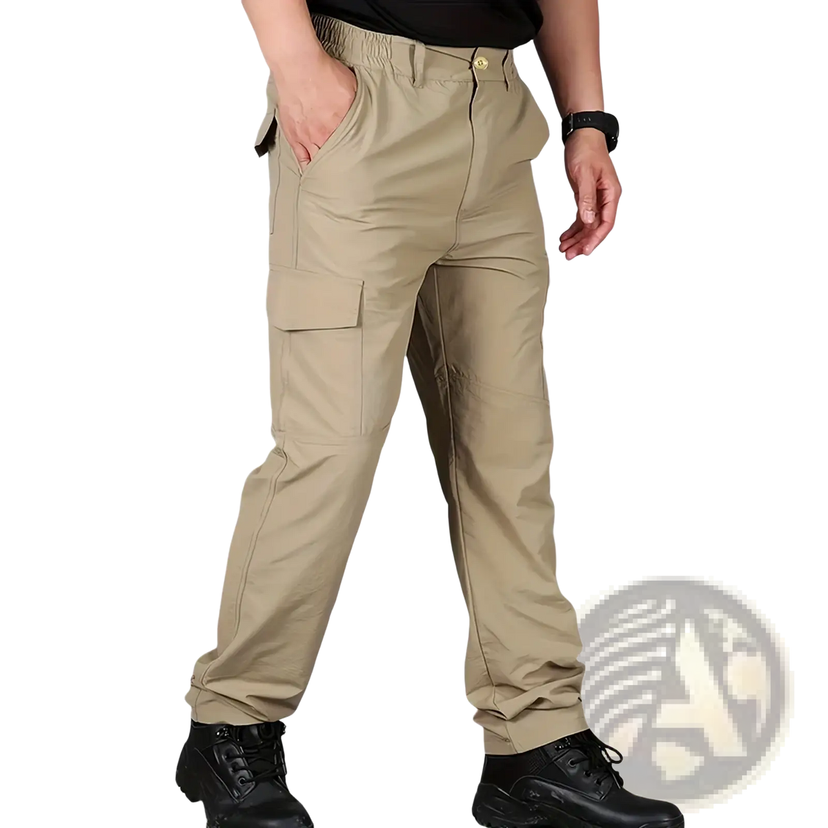 Men quick dry tactical cargo pants in khaki with multiple pockets and a drawstring waistband for functionality
