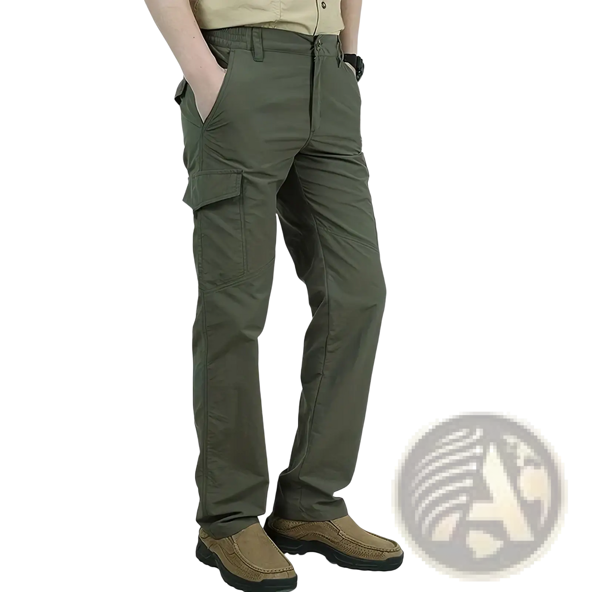 Olive green men quick dry tactical cargo pants with multiple pockets and relaxed fit for outdoor activities