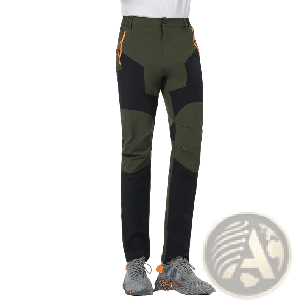 Men quick dry tactical hiking pants in olive and black panel with orange zipper accents for outdoor use