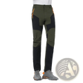 Men quick dry tactical hiking pants in olive and black panel with orange zipper accents for outdoor use