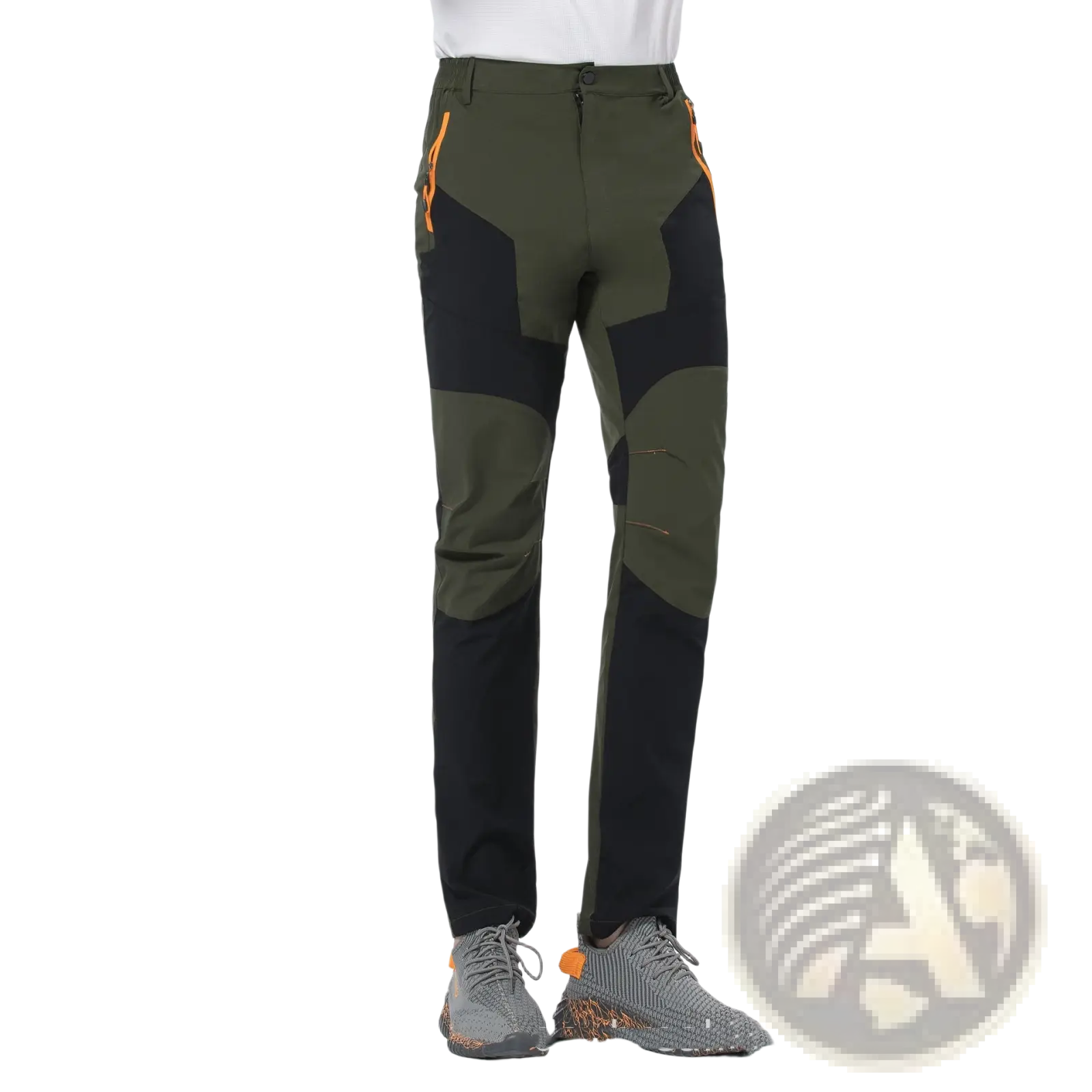 Men quick dry tactical hiking pants in olive and black panel with orange zipper accents for outdoor use