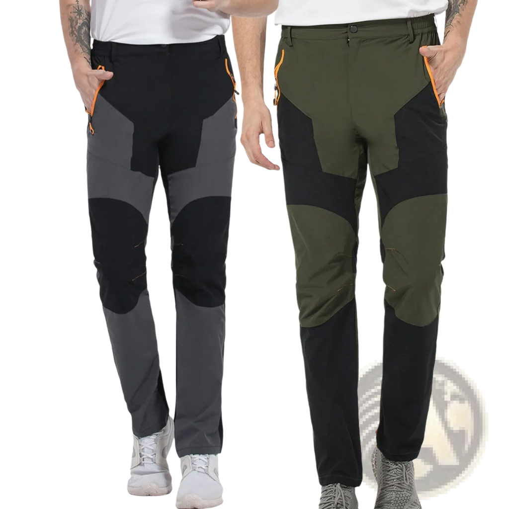 Men quick dry tactical hiking pants in black gray and olive green with orange zipper accents for outdoor use